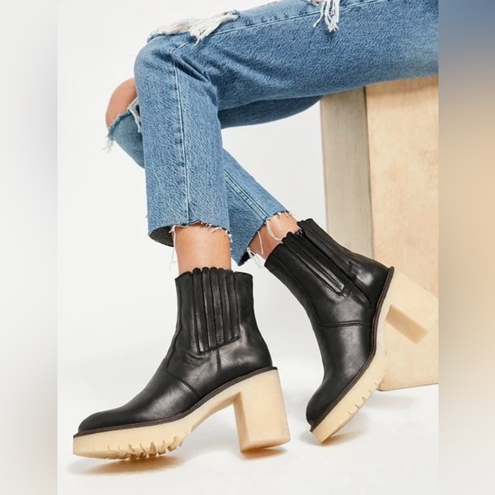 Free People Black Leather Chunky Heel Ankle Boots with Cream Platform